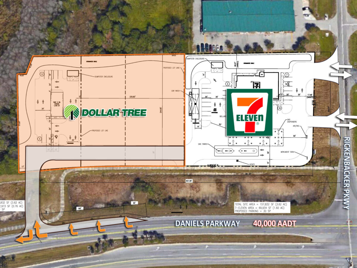 Aerial site plan with Dollar Tree, 7-Eleven