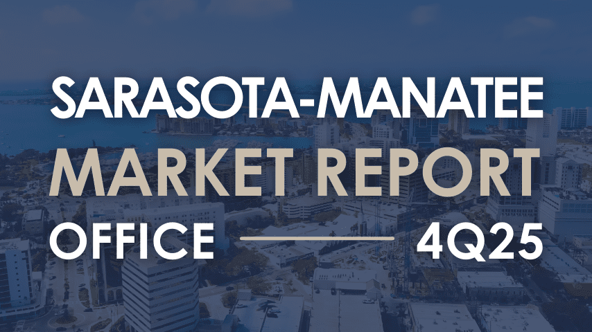 Downtown Sarasota skyline with market report graphic