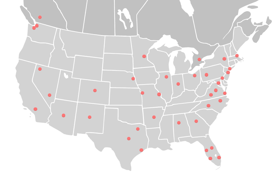 United States map with red location markers
