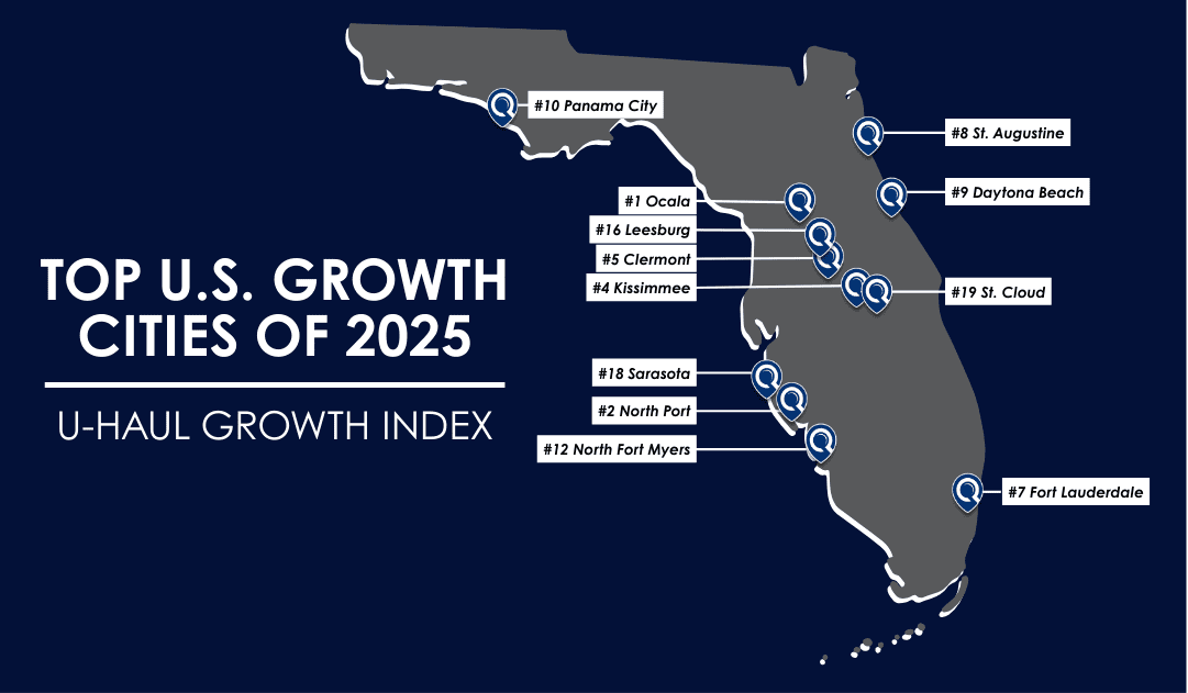 Florida map showing 2025 top growth cities