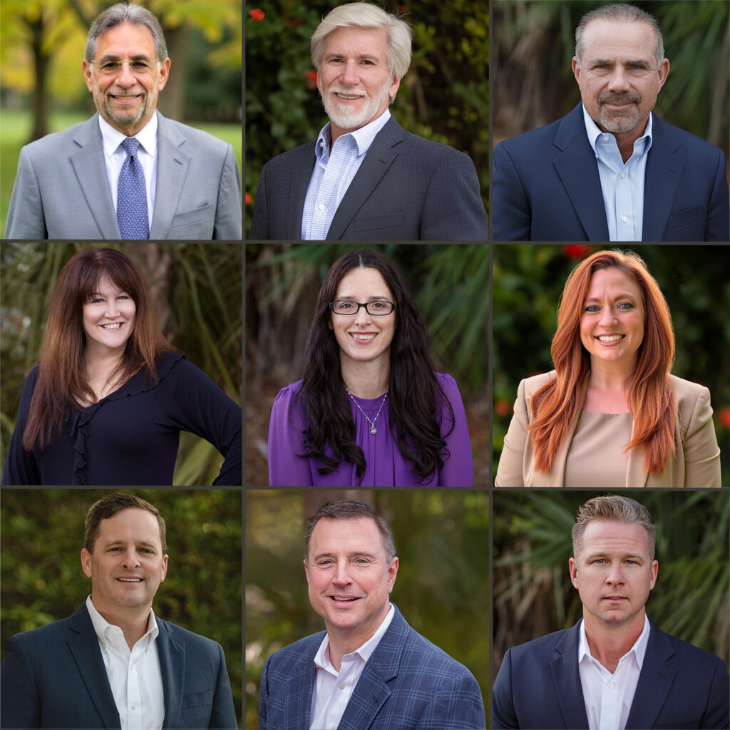 Grid of nine professional headshot portraits outdoors