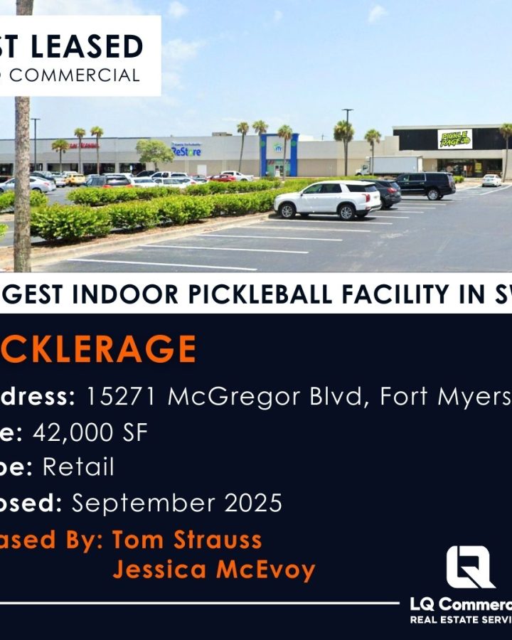 Retail center parking lot with PickleRage sign