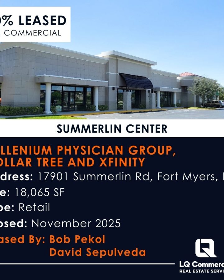 Commercial retail center exterior with leasing sign