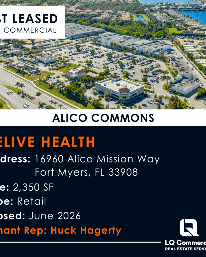 Aerial view of Alico Commons shopping center signage