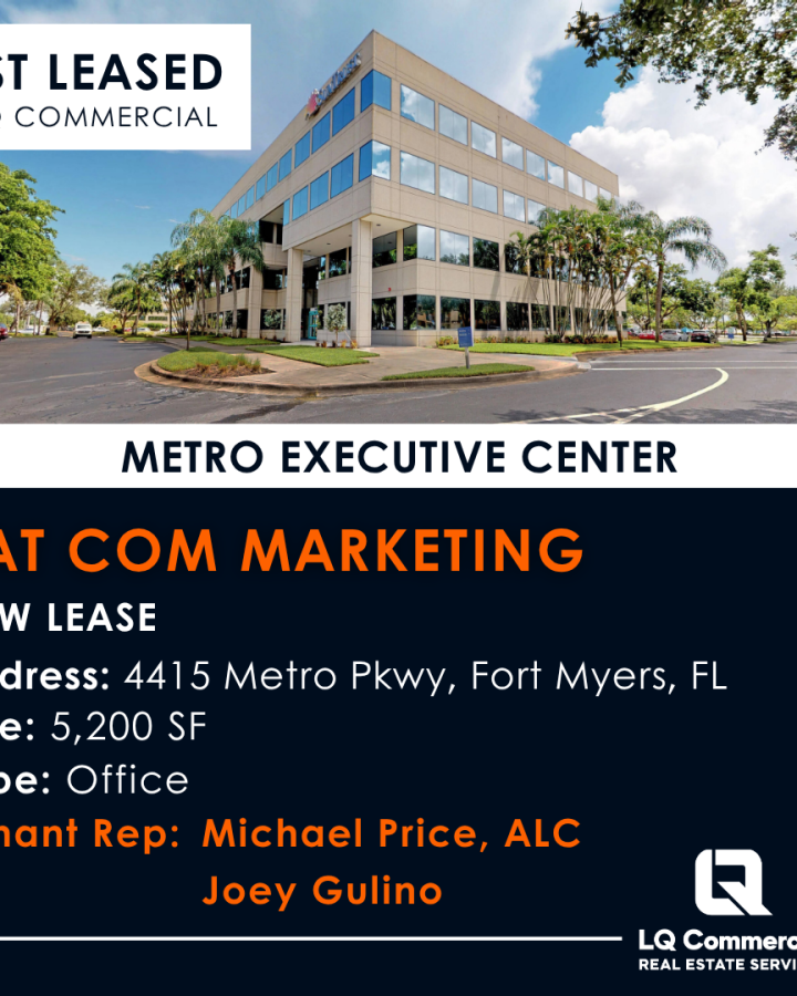 Office building exterior with Just Leased banner