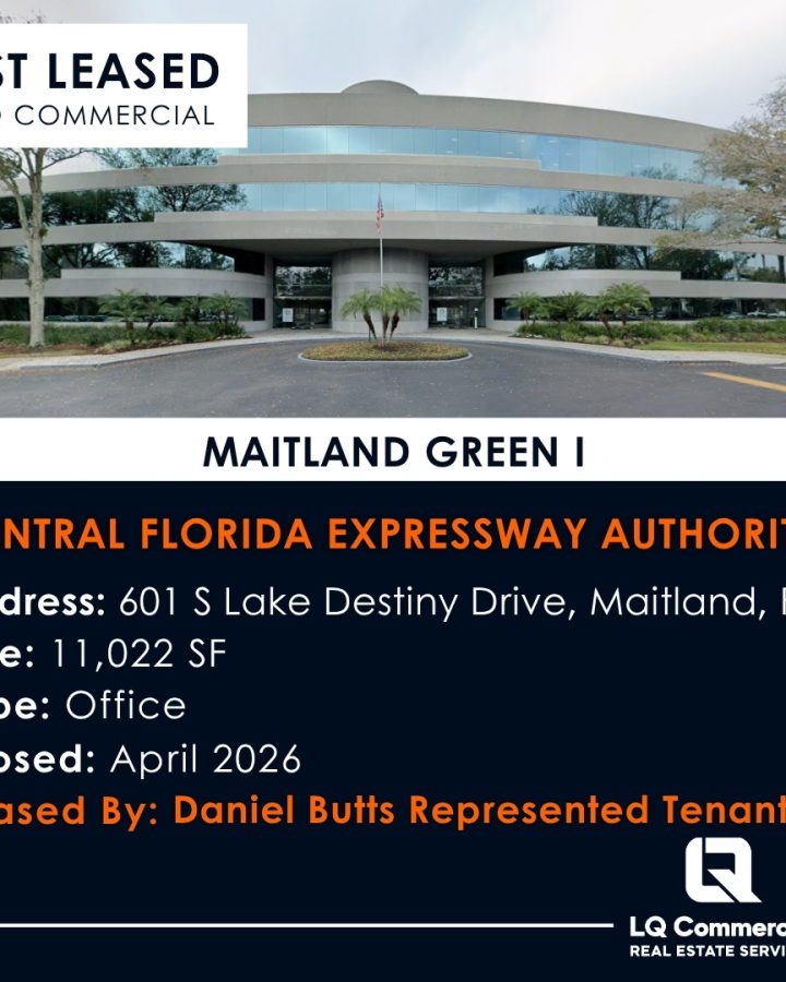 Office building with "Just Leased" banner